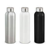 A drink bottle trio featuring aluminium in silver, white, and black, each with a stainless steel cap and a logo.