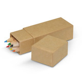 A coloured pencil set featuring multiple pencils in green, blue, yellow, orange, and red, packaged in a simple kraft box.