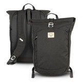 A roll top backpack in dark green with adjustable straps and a logo on the front. Features a minimalist design.