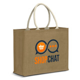 A jute tote bag in a natural brown colour with cream handles and a logo on the front.