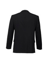 A black wool stretch blazer jacket featuring a two-button design and classic silhouette. The back has a clean finish.