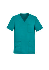 A teal men's V-neck scrub top featuring a pocket and a logo. 