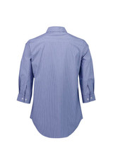 A blue and white striped women's button-up shirt with 3/4 sleeves and a back view. It features a logo.