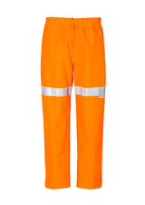 Hi-vis orange storm pants with reflective tape, featuring an elastic waistband and a sleek design, suitable for workwear.