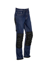 Men's CORDURA® stretch denim work jeans in dark blue with black knee panels and pockets. Suitable for workwear.