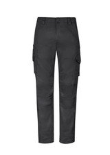 Men's rugged cargo pants in dark grey with multiple side pockets and a sleek design. Features a logo on the waistband.