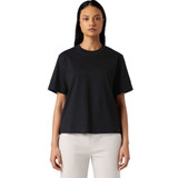 A black box tee with a relaxed fit and short sleeves, featuring a simple design and a logo.