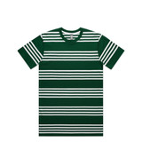 A green striped t-shirt featuring white quad stripes and a logo on the label. Short sleeves and a crew neckline.