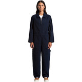 A navy blue canvas overall with long sleeves and a front zipper, featuring pockets and a branded logo.
