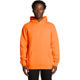 An orange hoodie with a front pocket and a hood, featuring a logo on the chest.