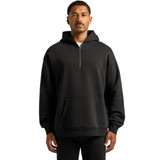 A black half zip hoodie with a front pocket and a drawstring hood, featuring a logo on the chest.