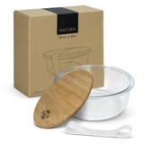 A glass food container with a bamboo lid, accompanied by a white silicone band and packaged in a cardboard box.
