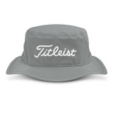 A grey bucket hat featuring a logo on the front and a wide brim for sun protection.