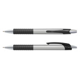 A pen featuring a silver barrel with a black grip and accent, including a logo.