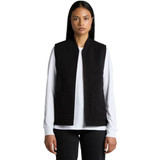 A black heavy vest with a zip front, featuring two front pockets, modelled by a person.