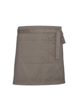 A khaki Urban Waist Apron featuring a pocket and a tied waist. The design is simple and functional, with a branding logo.