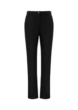 A pair of black women's slacks with a sleek design and a logo on the waistband.