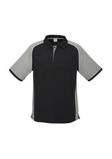 A black and grey men’s polo shirt with short sleeves and contrasting trim, featuring a logo.