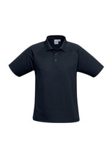 A black short sleeve polo shirt with a collar and a logo on the chest.