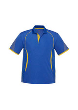 A blue polo shirt with yellow accents and mesh panels on the sleeves, featuring a logo on the chest.