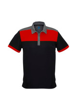 A short sleeve polo shirt in black with red and grey sections, featuring a collar and a logo.