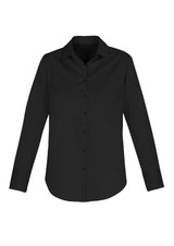 A black long sleeve button-up shirt with a classic collar and a logo on the chest.
