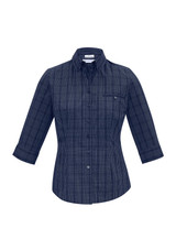 A navy blue women's button-up shirt with 3/4 sleeves and a checkered pattern, featuring a chest pocket.