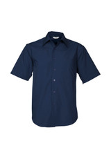 A navy blue men's short sleeve button-up shirt with a chest pocket and a collar. Features a logo.
