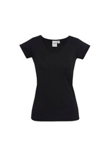 A black women's short sleeve tee with a V-neck design and a fitted silhouette. It features a logo.