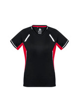 A black and red short sleeve tee with a v-neck and contrasting side panels, featuring a logo.