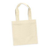 A cotton gift bag in a light beige color with two shoulder straps and a simple, square design.