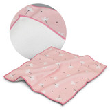 A soft pink blanket featuring a floral pattern, with a white textured underside and a contrasting border.