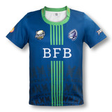 A blue men's rugby T-shirt featuring green accents and a logo, designed for sports uniforms.