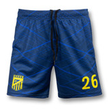 Custom women's soccer shorts in dark blue with a pattern and a logo, featuring a yellow number 26.