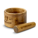 A wooden mortar and pestle set in natural tones, featuring a logo on the side of the mortar.