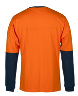 An orange long-sleeve cotton crew neck t-shirt with navy blue sleeves and a logo. Suitable for safety wear.