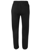 Black fleece track pants featuring a back pocket and an elastic waistband, suitable for casual wear.