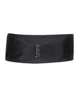 A black satin cummerbund with a sleek design and three-button fastening, featuring a branding logo.