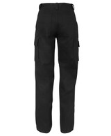 Navy cargo pants featuring multiple pockets and a classic straight-leg design. Includes a logo on the garment.