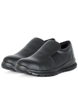 A pair of black microfibre shoes with a slip-on design and a logo on the side.