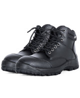 A pair of black lace-up safety boots with a rugged sole and padded collar. The boots feature metal eyelets and a logo.