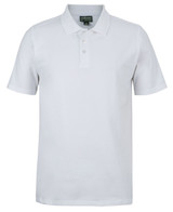A white short-sleeved polo shirt made from stretch cotton, featuring a collar and three-button placket.