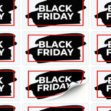 A collection of rectangular black and red stickers with a bold design featuring the words "Black Friday".