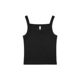 A black collegiate tank top with a fitted design and wide shoulder straps, featuring a branding label.