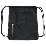 A black drawstring bag featuring a zippered pocket and a logo. Ideal for carrying small items.