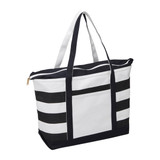 A striped black and white premium boat tote bag with sturdy handles and a zippered closure.