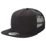 A black trucker cap with a flat peak and mesh back, featuring a logo on the front.
