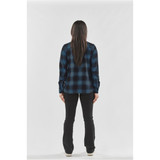 A woman's long-sleeve button-up shirt in navy and black plaid, viewed from the back, worn with black pants.
