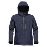 A navy blue softshell jacket with a hood and multiple zippered pockets. It features a branding logo on the side.
