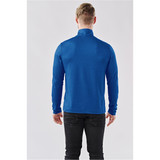 A blue men's pullover jumper with a 1/4 zip and long sleeves, featuring a logo on the back.